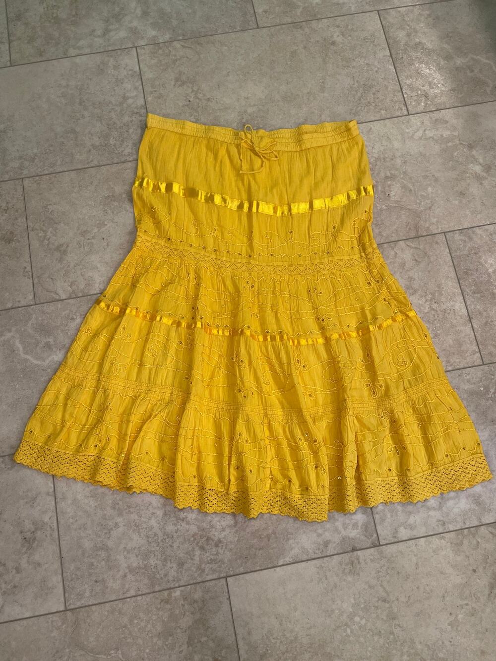 Y2K Fairy Desi Lemon Yellow Cotton Maxi Skirt Embroidered Gauze Lined Sz XL